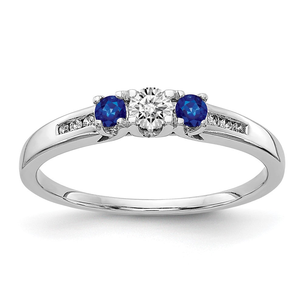 14k White Gold Blue Sapphire and 1/3 carat Diamond 3-Stone Ring, 0.526 ct, Size 6.75