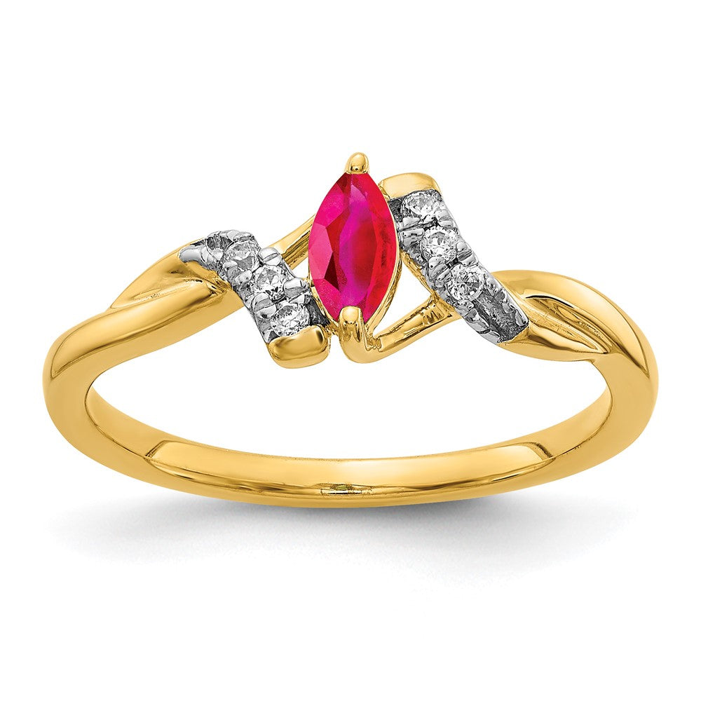 14k 1/20 carat Diamond and 6x3mm Marquise Ruby Ring, 0.34 ct, Size 7