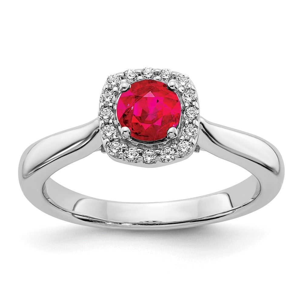 14k White Gold 1/6 carat Diamond and 5mm Round Ruby Square Halo Ring, 0.62 ct, Size 6.75