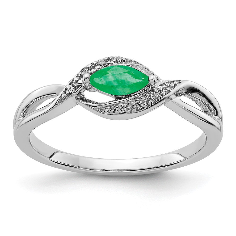 14k White Gold 1/20 carat Diamond and 6x3mm Marquise Emerald East-West Ring, 0.229 ct, Size 7