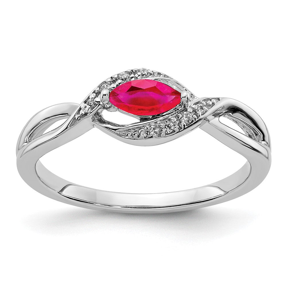 14k White Gold 1/20 carat Diamond and 6x3mm Marquise Ruby East-West Ring, 0.384 ct, Size 7