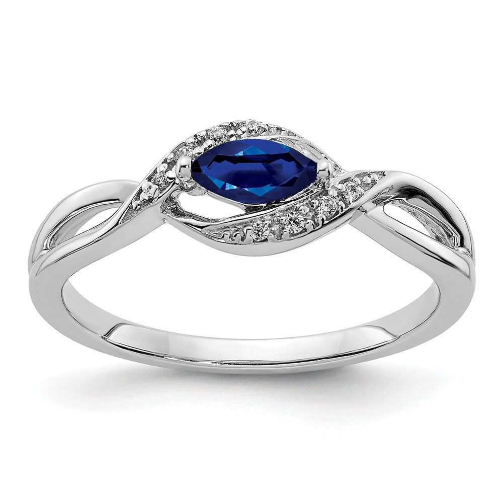 14k White Gold 1/20 carat Diamond and 6x3mm Blue Marquise Sapphire East-West Ring, 0.299 ct, Size 7