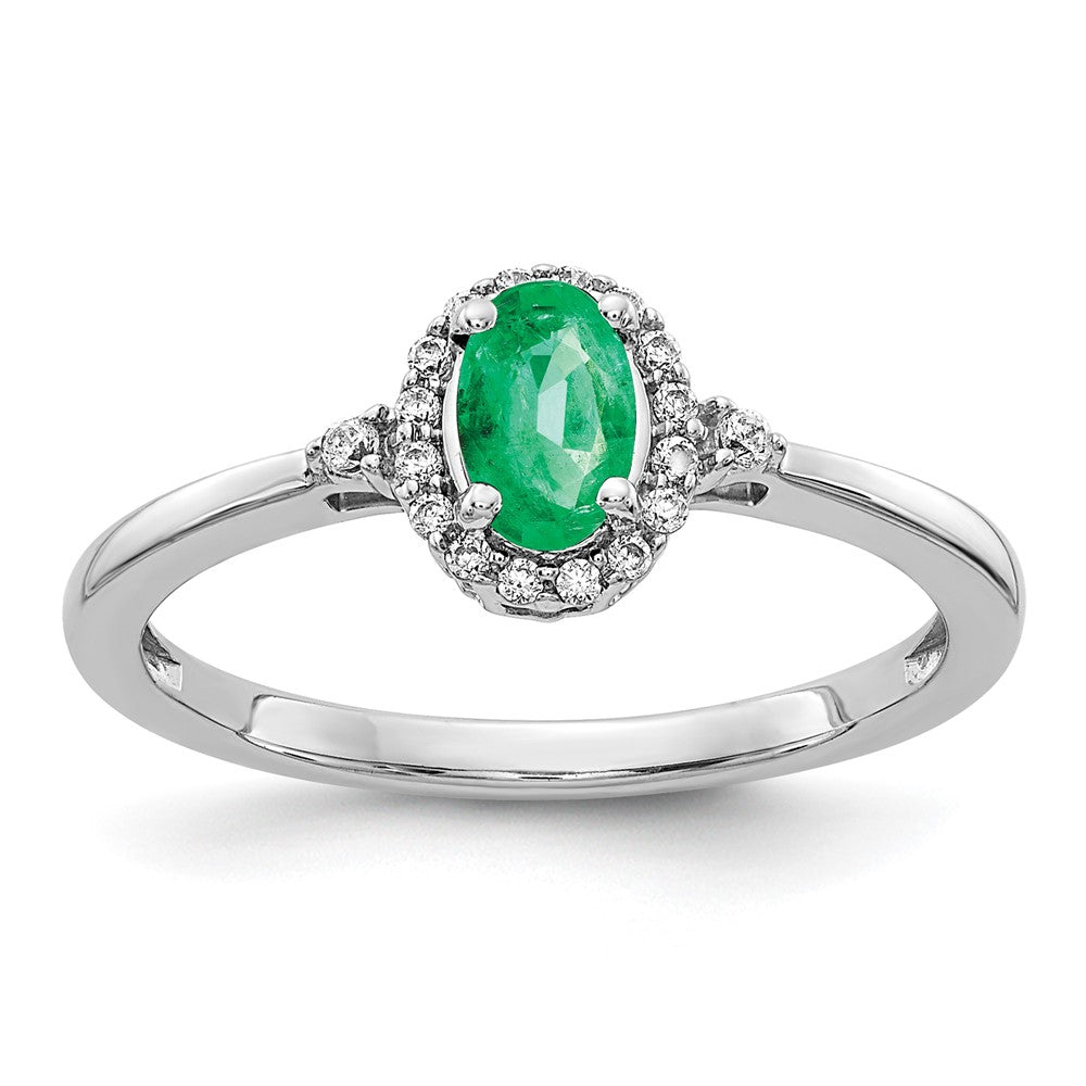 14k White Gold 6x4mm Oval Emerald and 1/10 carat Diamond Halo Ring, 0.567 ct, Size 7