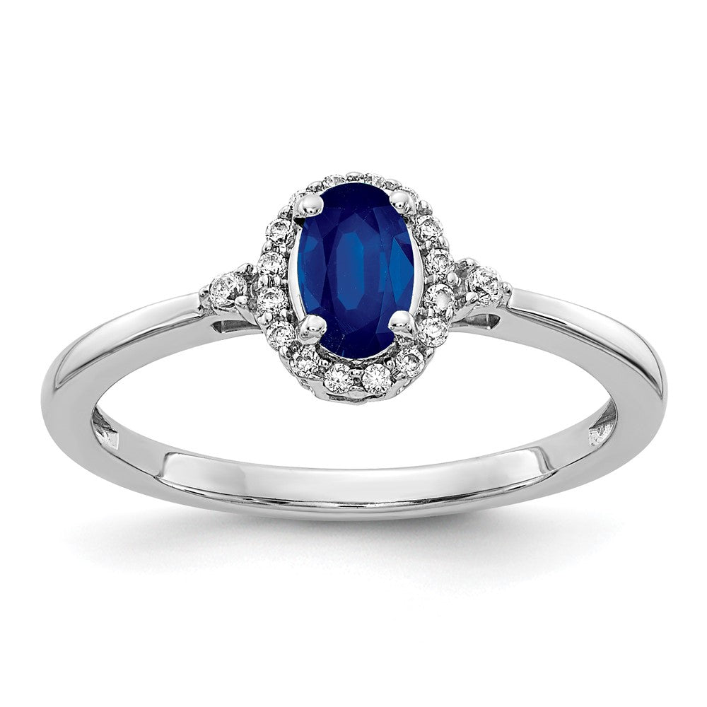 14k White Gold 6x4mm Oval Blue Sapphire and 1/10 carat Diamond Halo Ring, 0.63 ct, Size 7