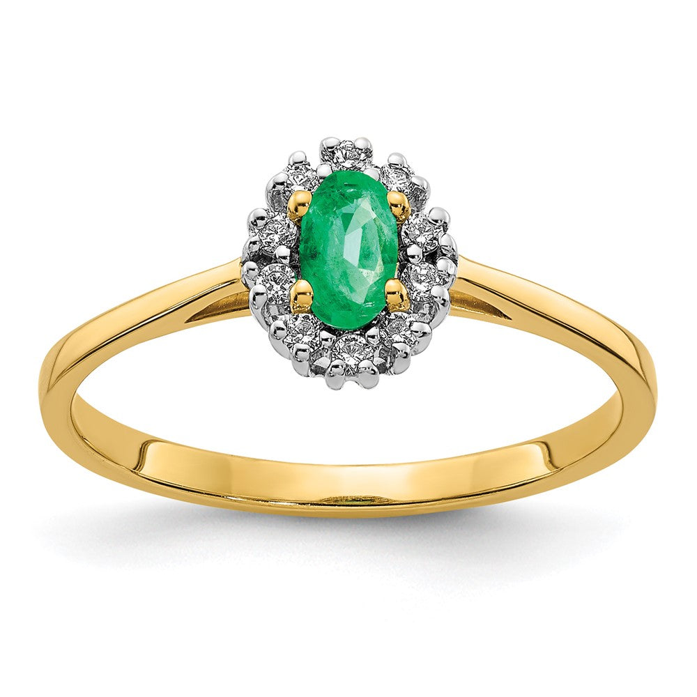 14k White Gold 1/10 carat Diamond and 5x3mm Oval Emerald Halo Ring, 0.305 ct, Size 7