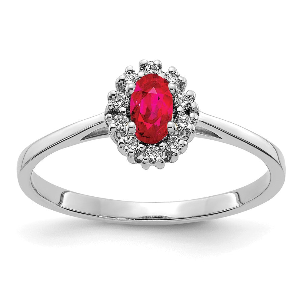 14k White Gold 1/10 carat Diamond and 5x3mm Oval Ruby Halo Ring, 0.41 ct, Size 7