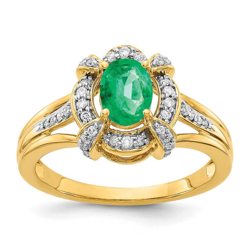 14k 1/5 carat Diamond and 7x5mm Oval Emerald Halo Ring, 0.918 ct
