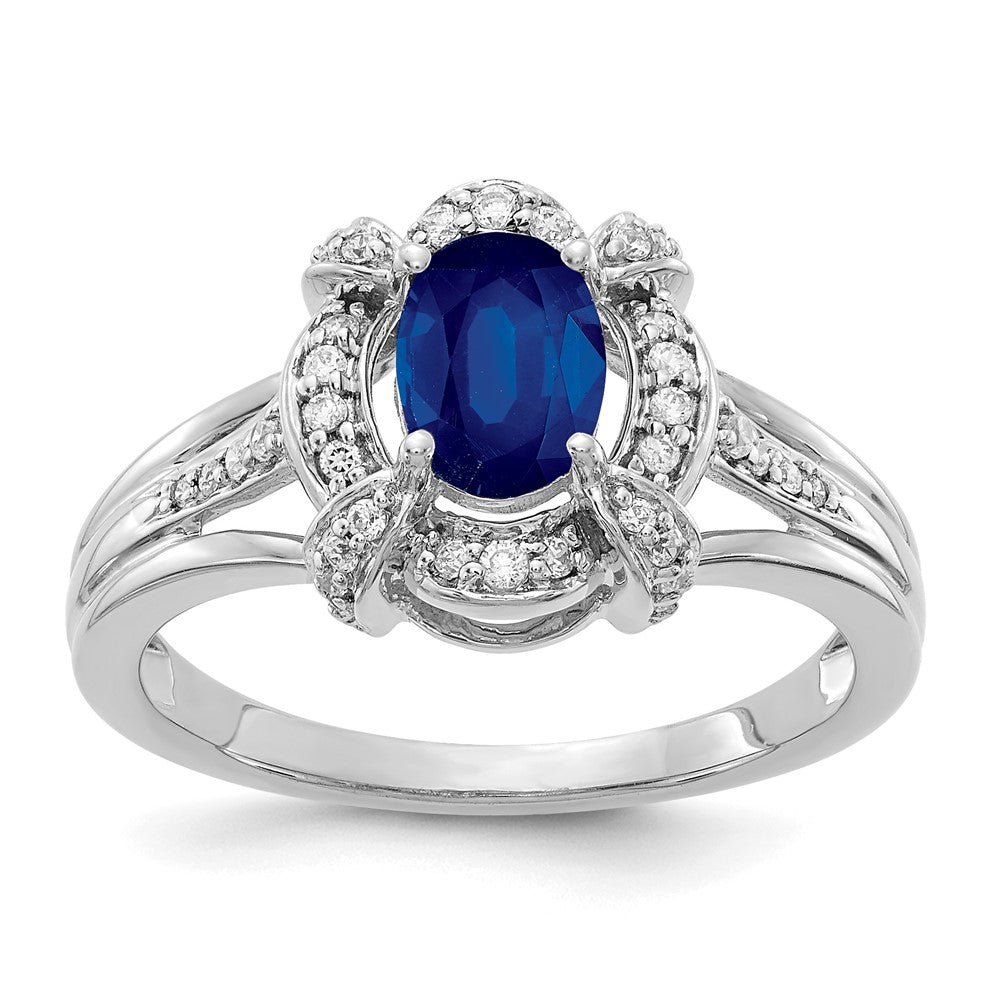 14k White Gold 1/5 carat Diamond and 7x5mm Oval Blue Sapphire Halo Ring, 0.988 ct
