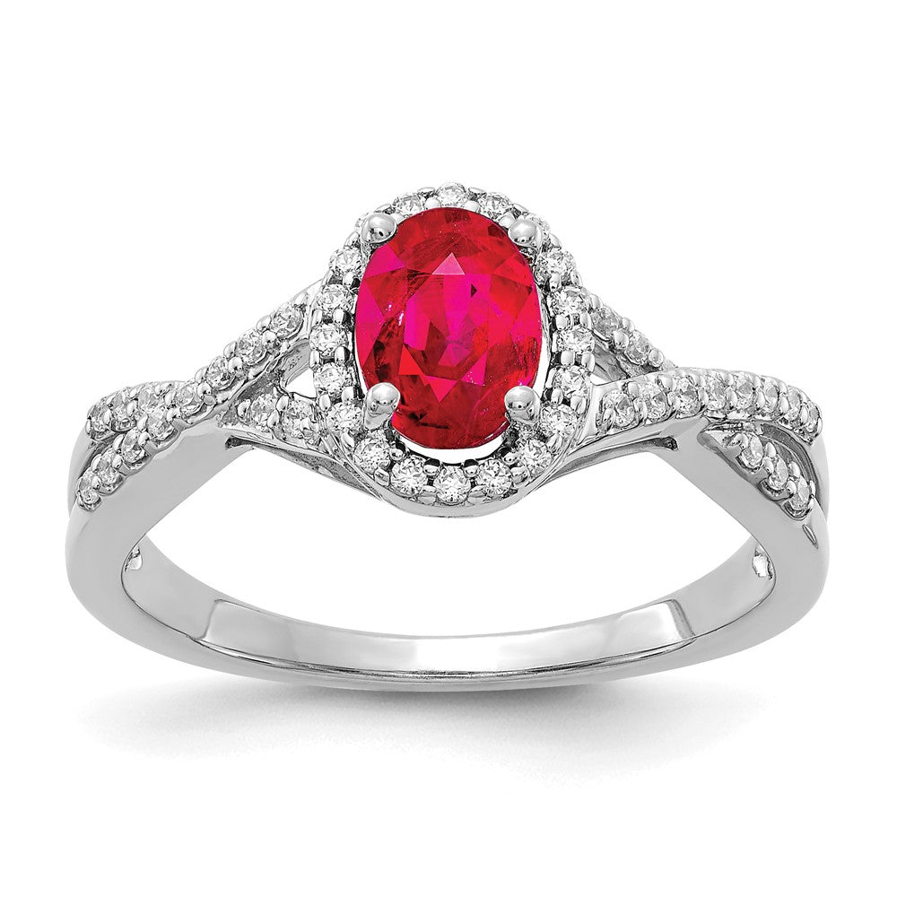 14k White Gold 7x5mm Oval Ruby and 1/5 carat Diamond Halo Ring, 1.207 ct, 2.65 mm