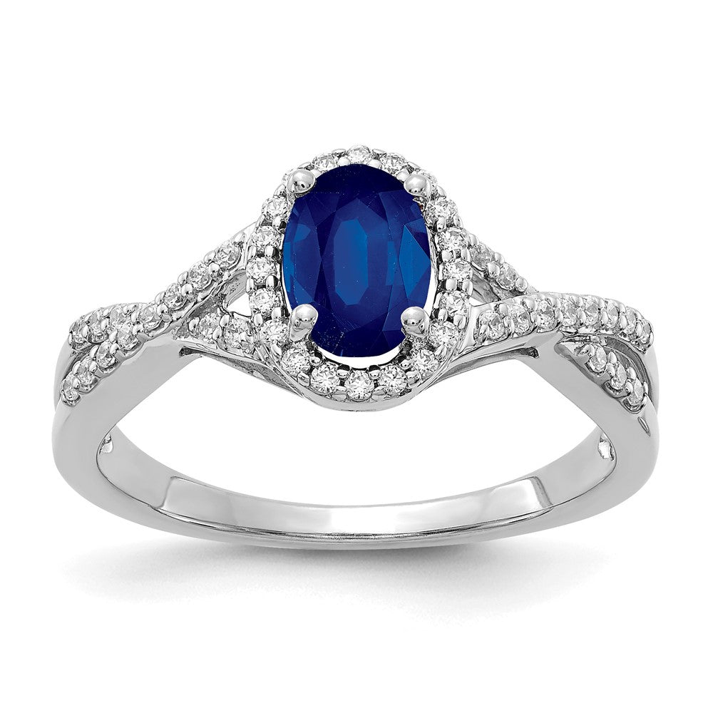 14k White Gold 7x5mm Oval Blue Sapphire and 1/5 carat Diamond Halo Ring, 1.207 ct, 2.65 mm