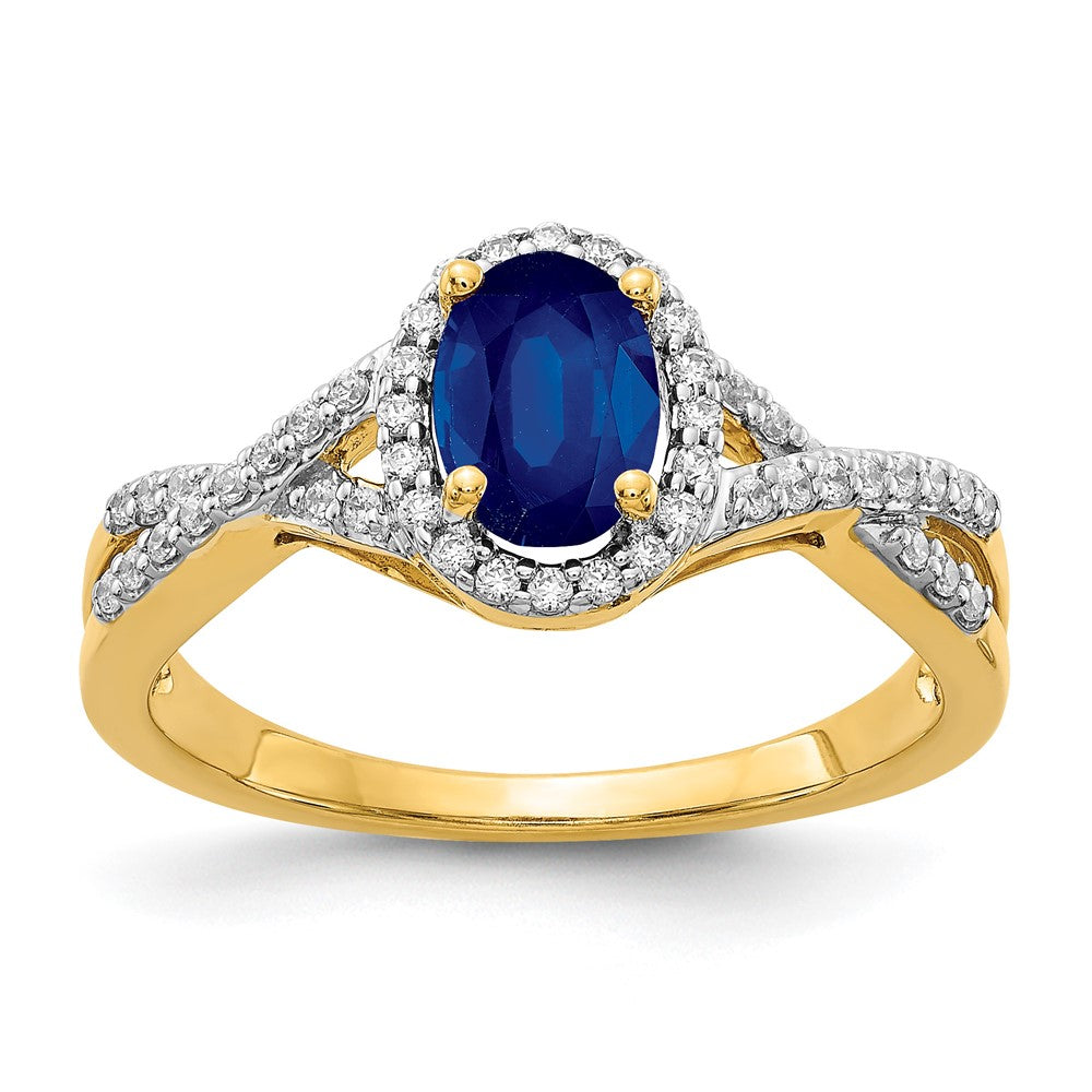 14k 7x5mm Oval Blue Sapphire and 1/5 carat Diamond Halo Ring, 1.207 ct, 2.65 mm