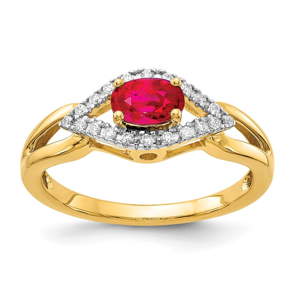 14k East-West 6x4mm Oval Ruby and 1/8 carat Diamond Ring, 0.555 ct, Size 7, 2.65 mm
