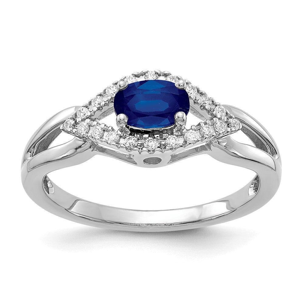 14k White Gold East-West 6x4mm Oval Blue Sapphire and 1/8 carat Diamond Ring, 0.629 ct, Size 7, 2.65 mm