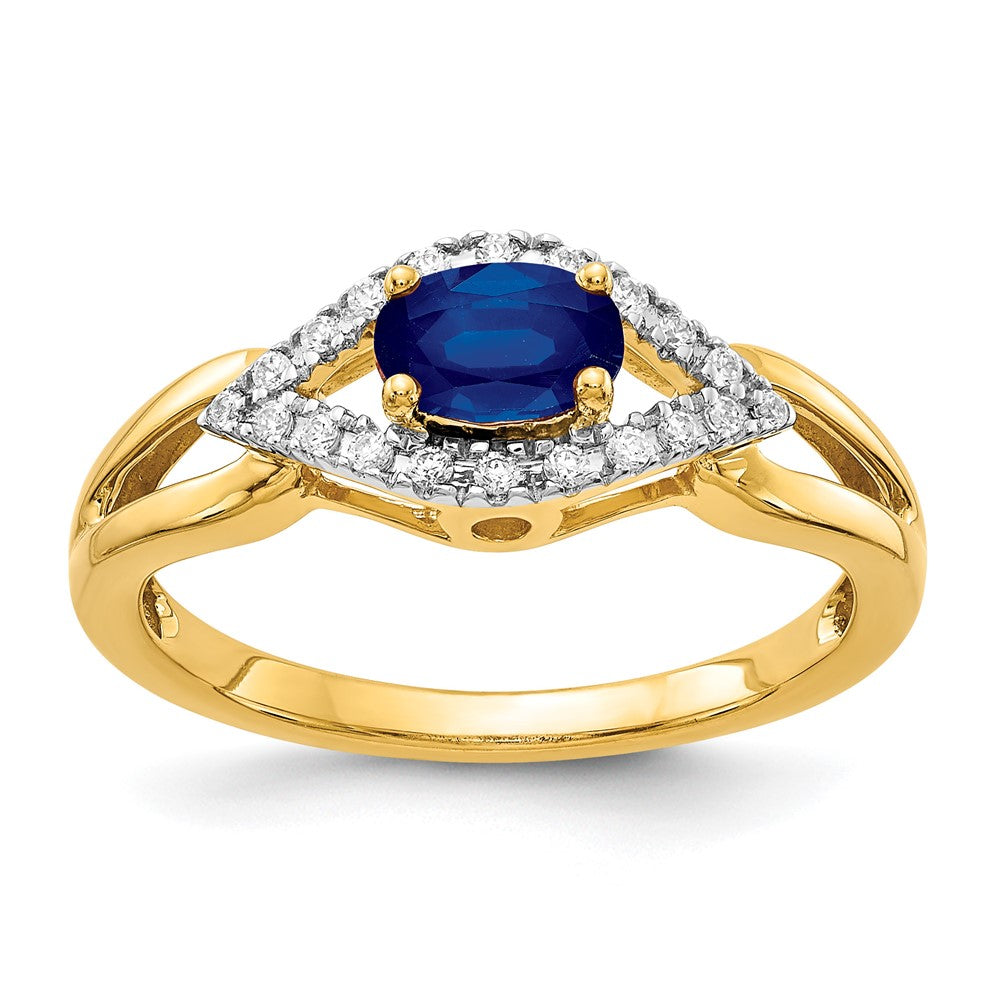 14k East-West 6x4mm Oval Blue Sapphire and 1/8 carat Diamond Ring, 0.629 ct, Size 7, 2.65 mm