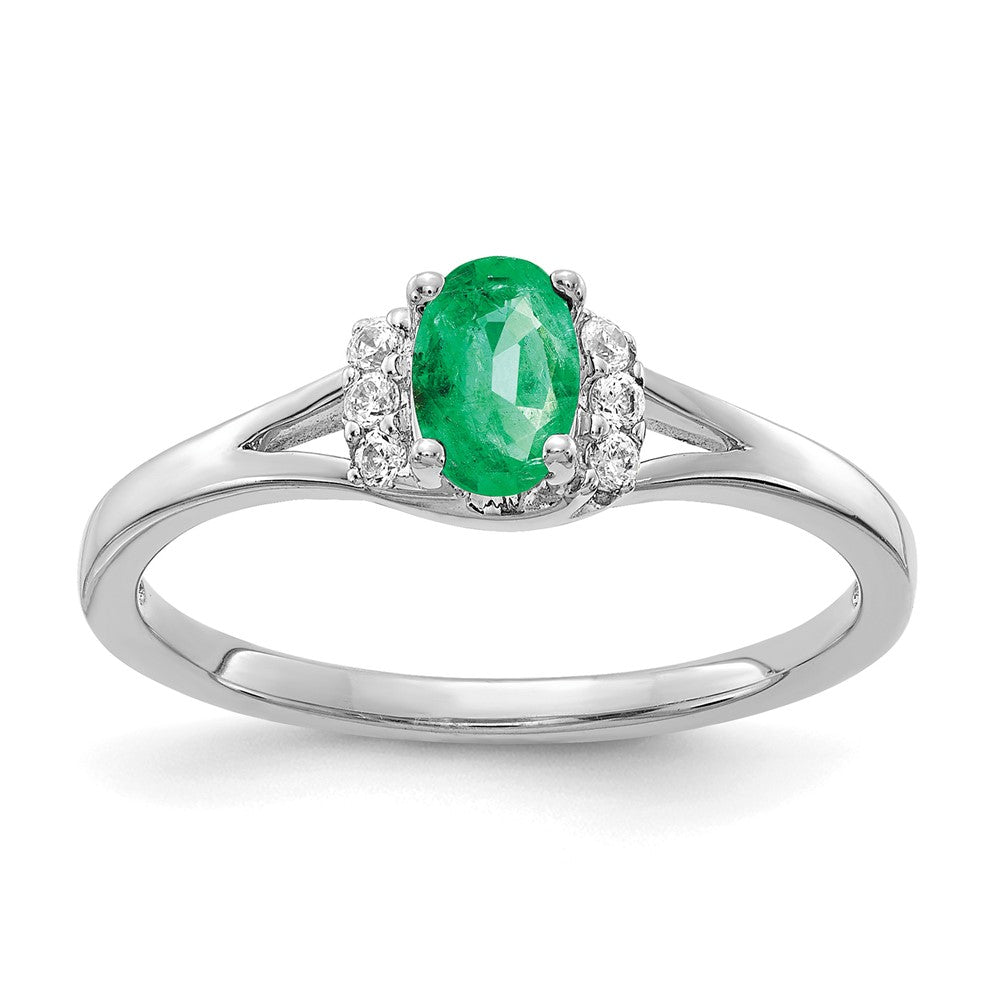 14k White Gold 1/15 carat Diamond and 6x4mm Oval Emerald Ring, 0.519 ct, Size 7