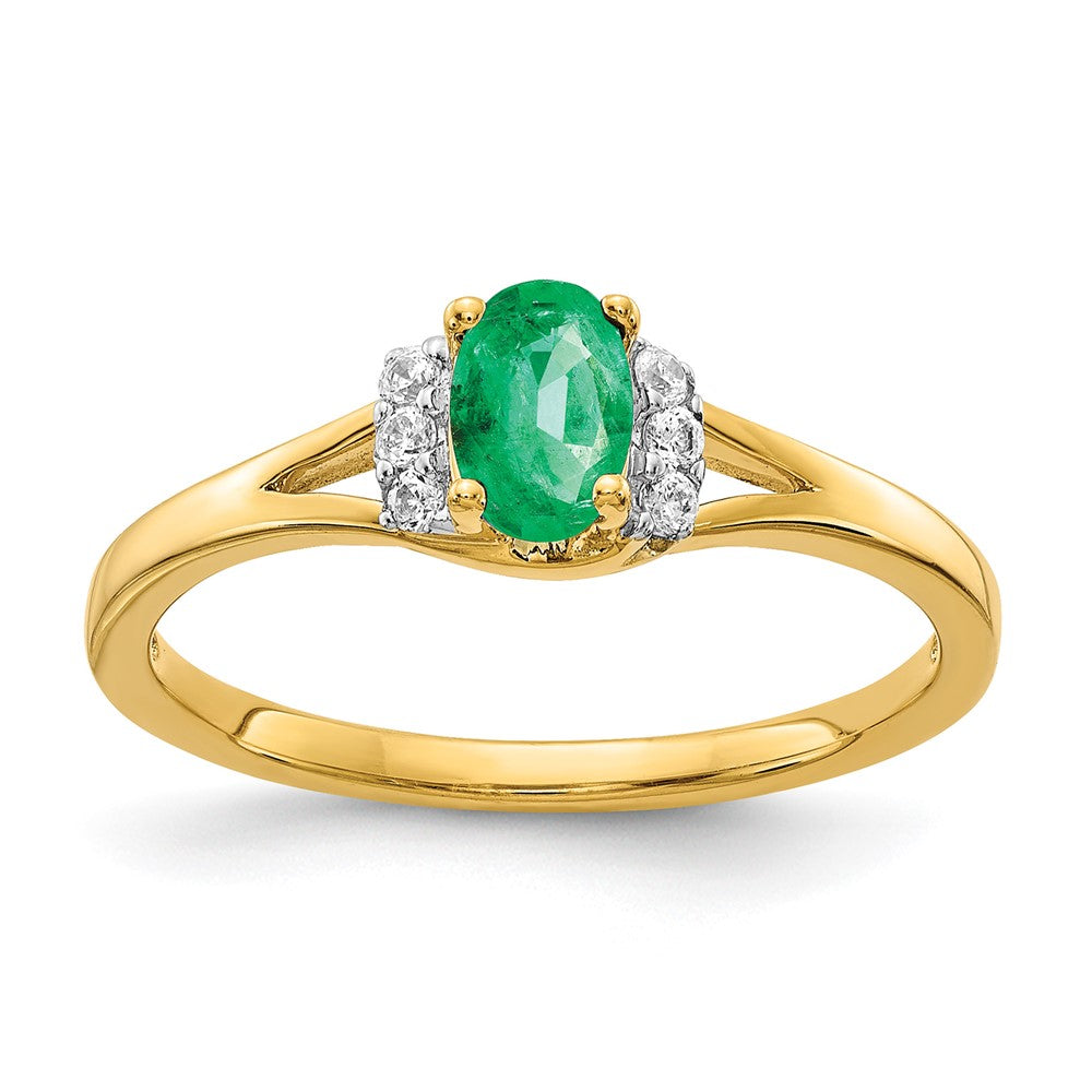14k 1/15 carat Diamond and 6x4mm Oval Emerald Ring, 0.519 ct, Size 7
