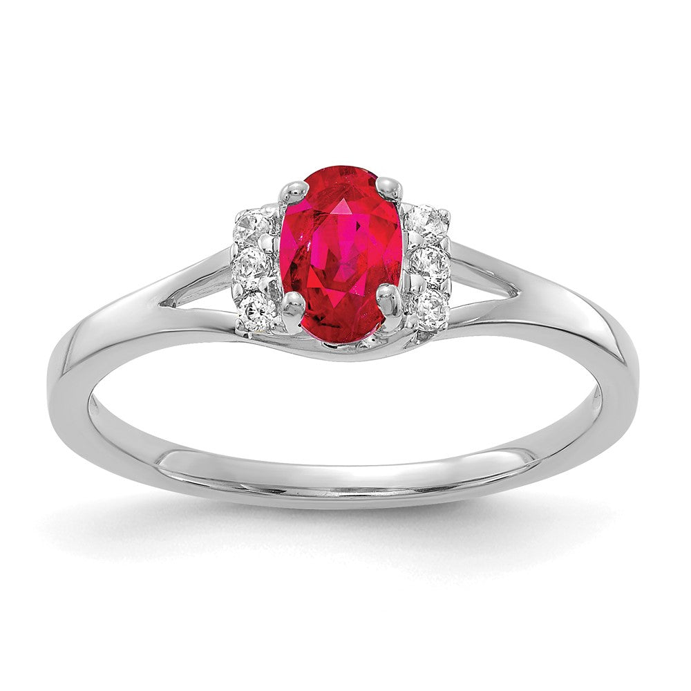 14k White Gold 1/15 carat Diamond and 6x4mm Oval Ruby Ring, 0.679 ct, Size 7