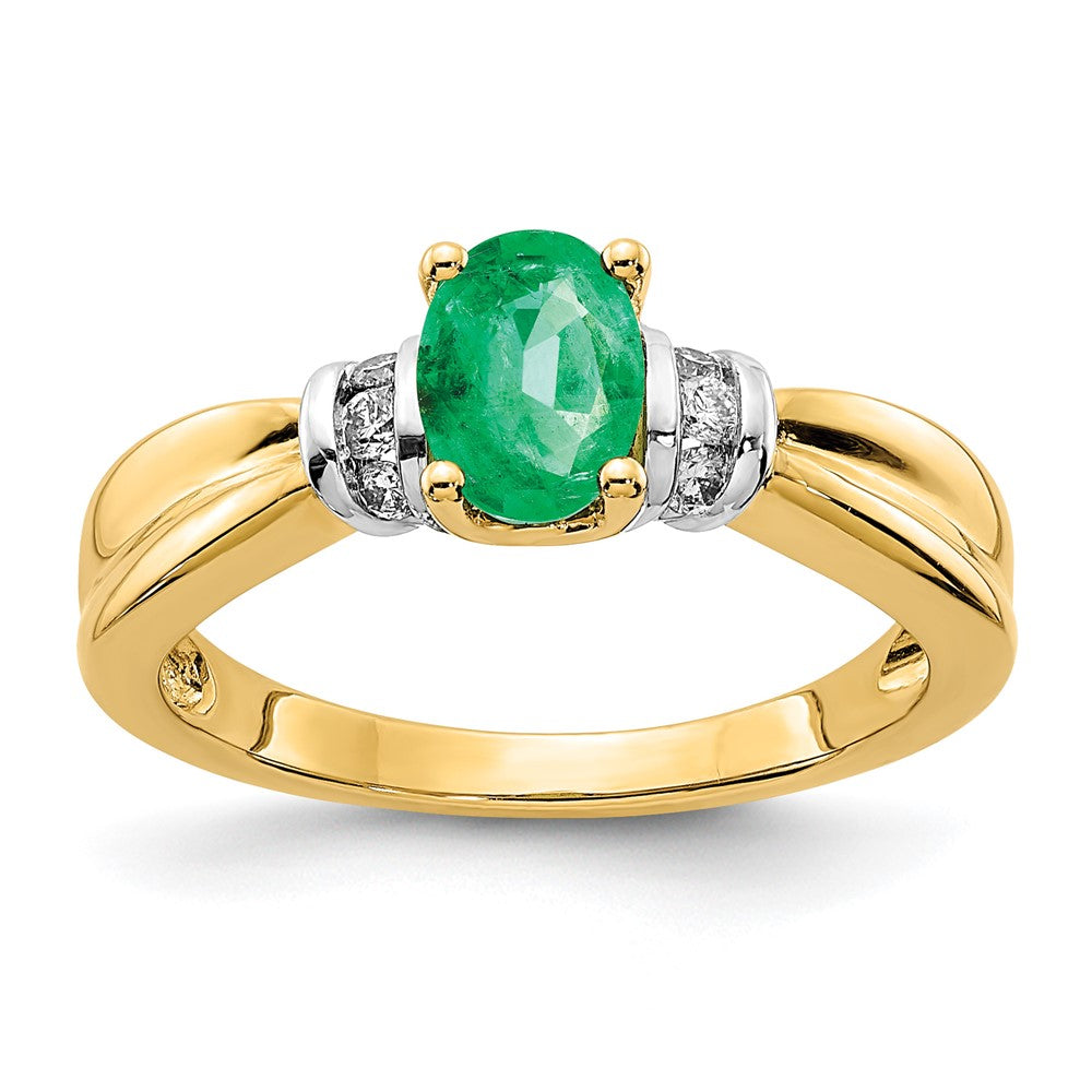 14k and White Rhodium 1/10 carat Diamond and 7x5mm Oval Emerald Ring, 0.82 ct