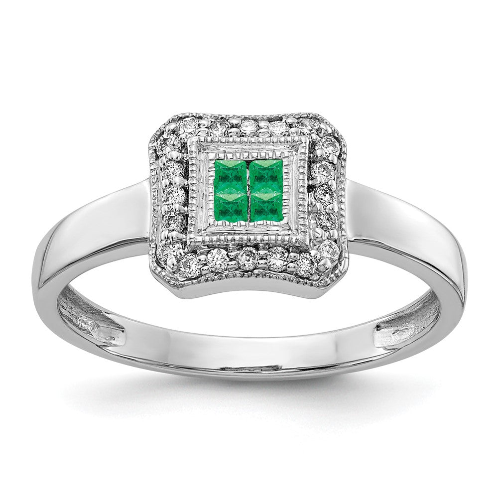 14k White Gold Square Design Emerald Cluster and 1/8 carat Diamond Ring, 0.228 ct, Size 7