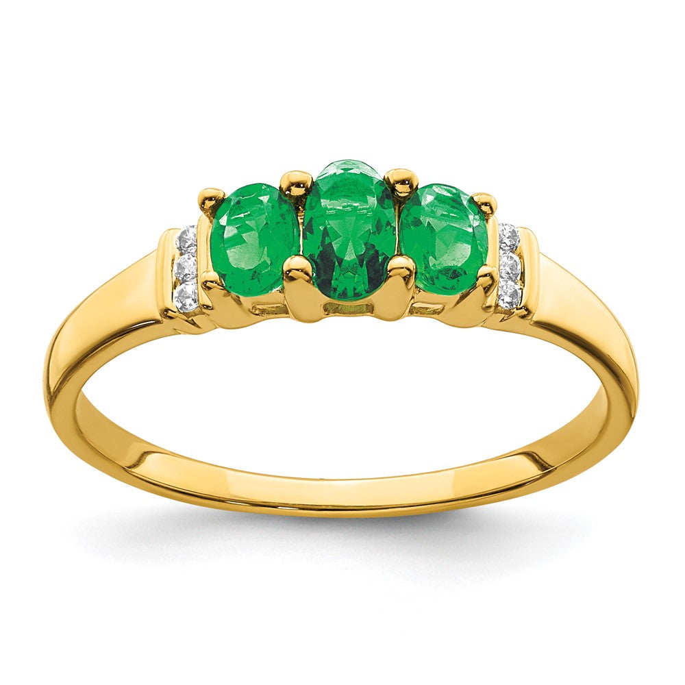 14k Polished Triple Emerald and Diamond 3-stone Ring, 0.56 ct, Size 7