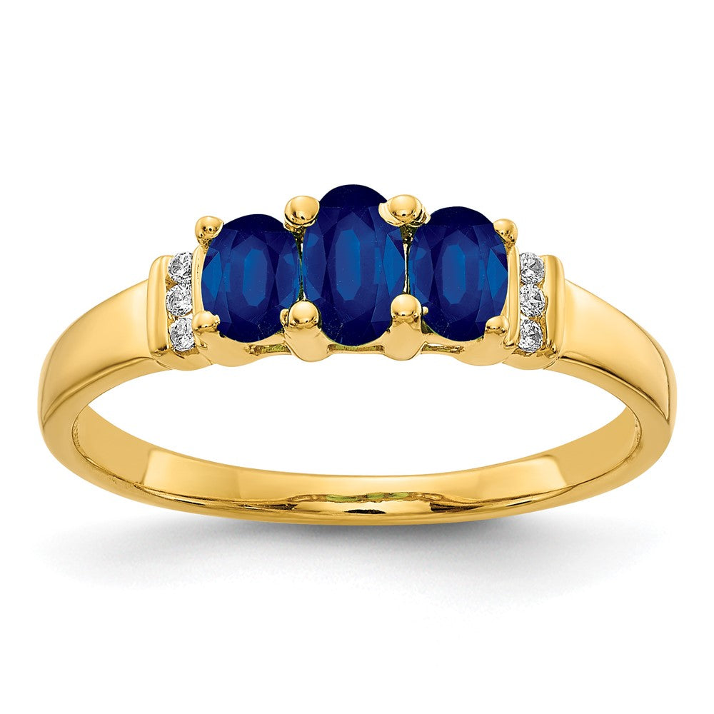 14k Polished Triple Blue Sapphire and Diamond 3-stone Ring, 0.82 ct, Size 7