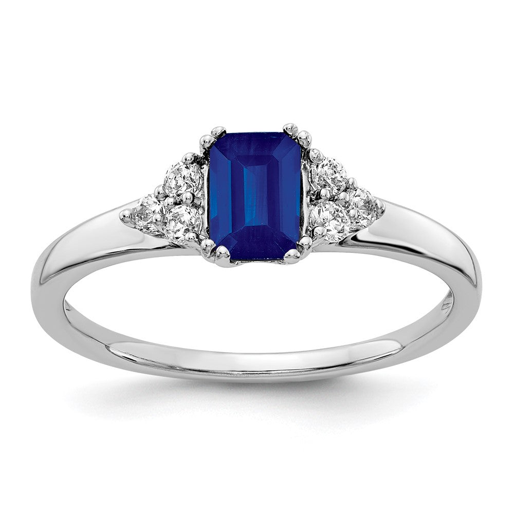 14k White Gold 1/6 carat Diamond and 6x4mm Emerald-cut Blue Sapphire Ring, 0.84 ct, Size 7, 2.65 mm
