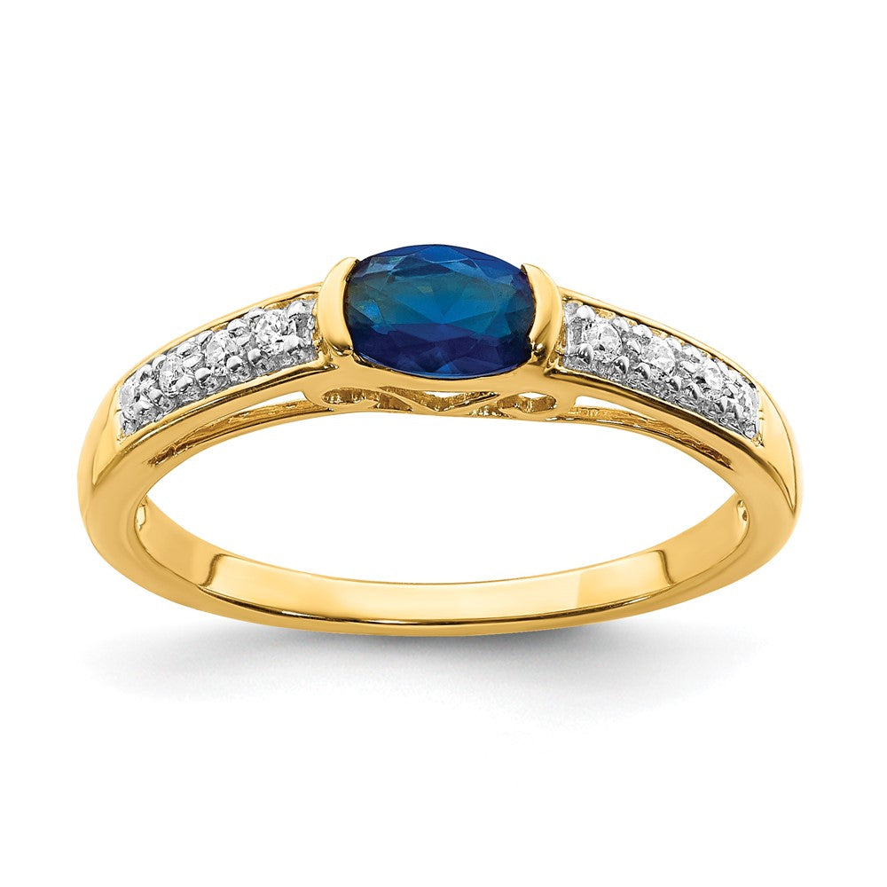 14k Oval East-West Blue Sapphire and 1/15 carat Diamond Ring, 0.72 ct, Size 7
