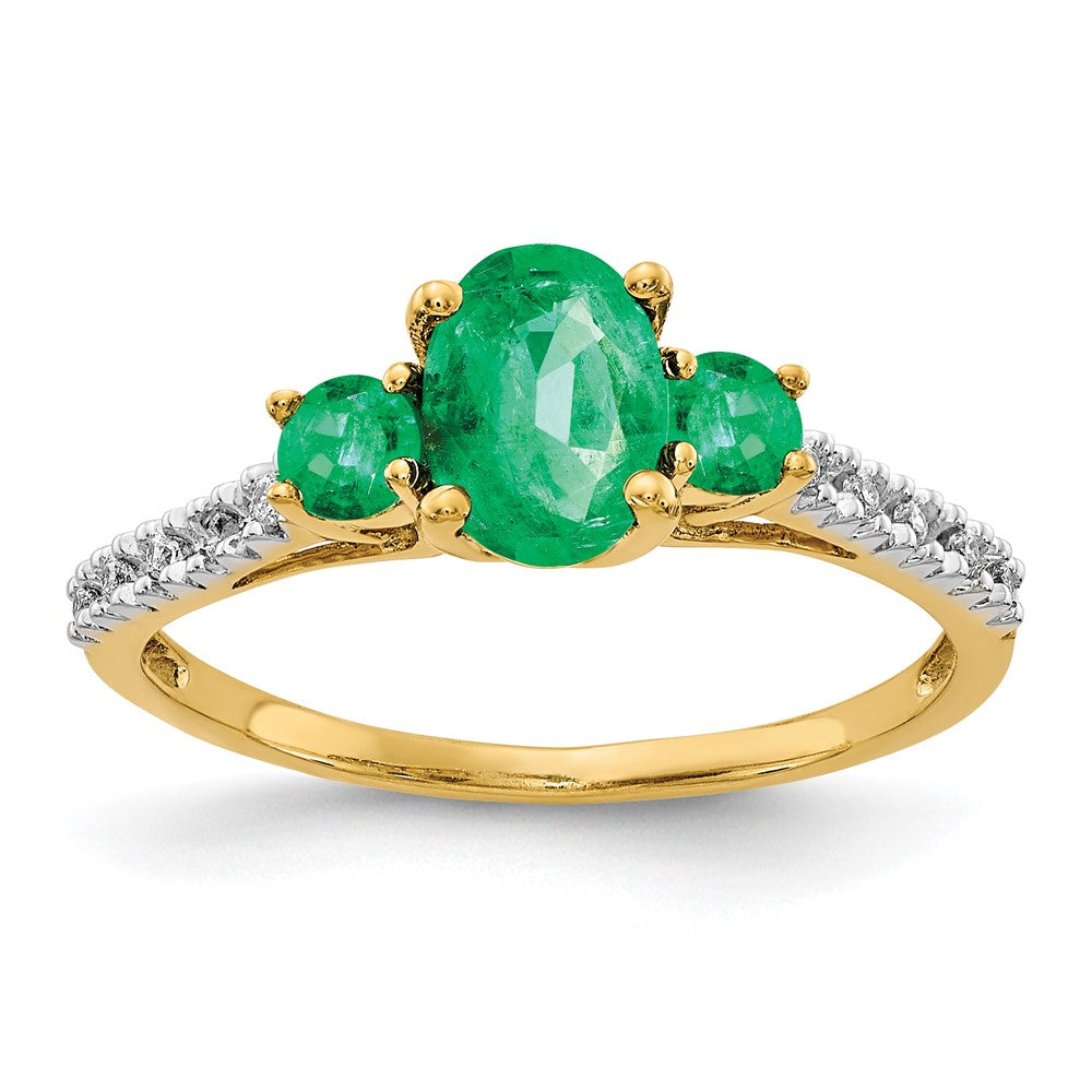 14k Oval Emerald and 1/20 carat Diamond 3-Stone Ring, 1.068 ct, Size 7