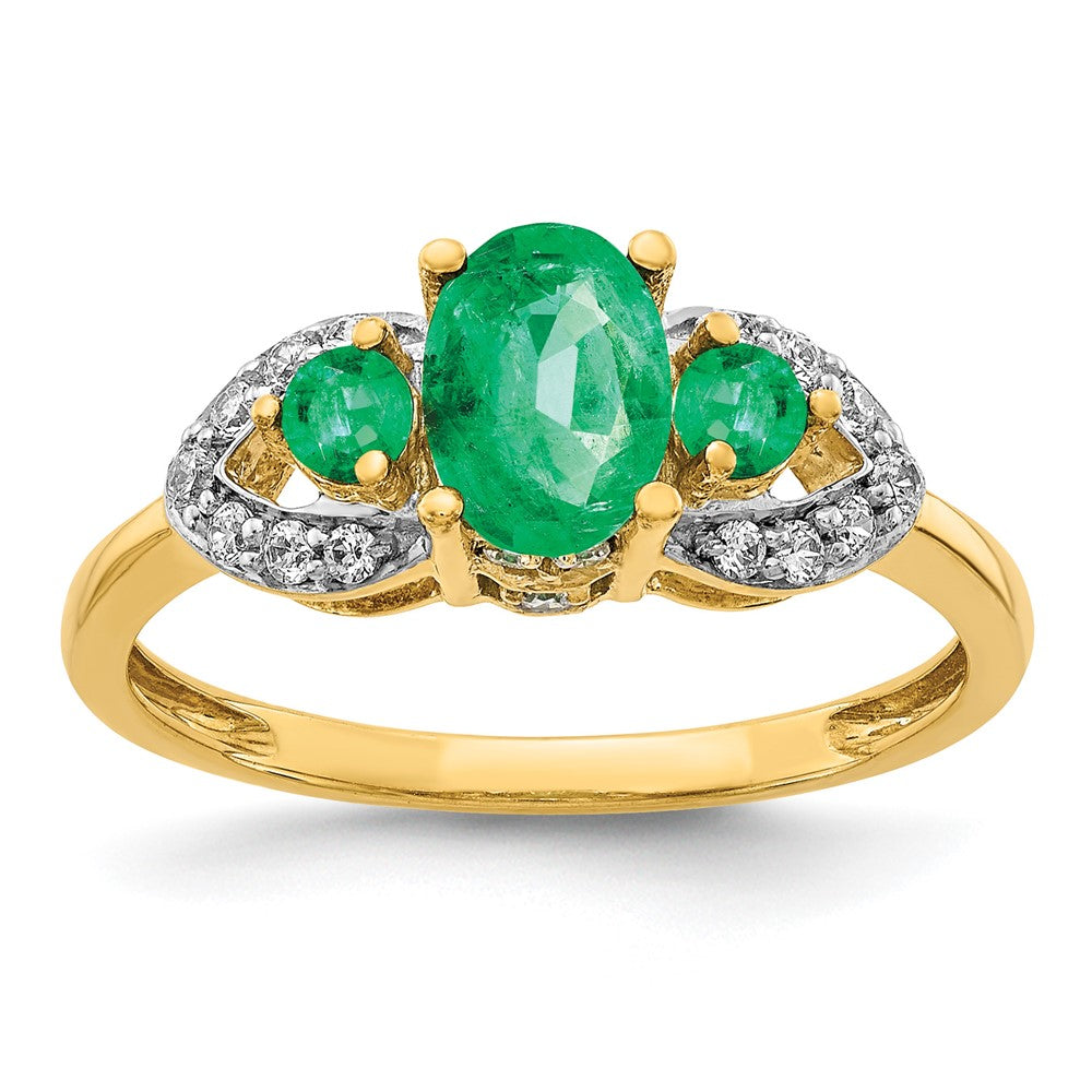 14k Oval Emerald and 1/5 carat Diamond 3-Stone Ring, 0.97 ct, Size 7