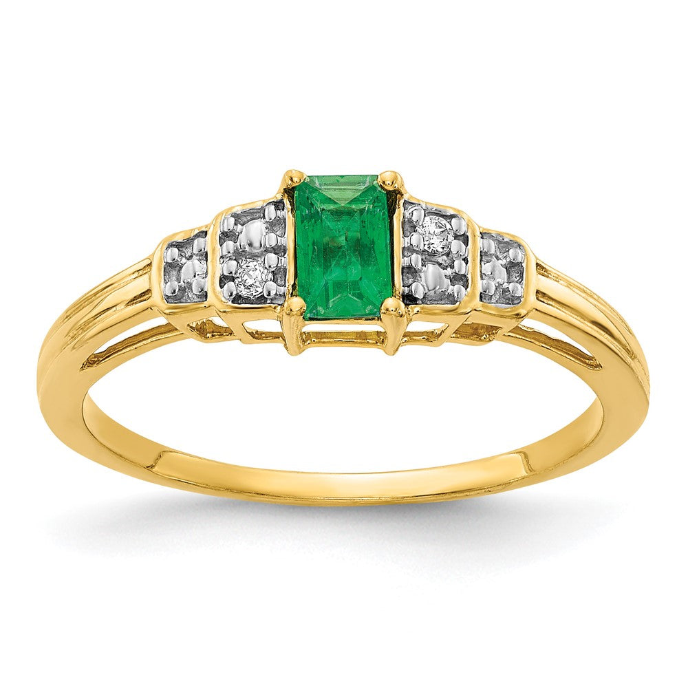 14k 5x3mm Emerald-cut Emerald and Diamond Ring, 0.324 ct, Size 7, 2 mm