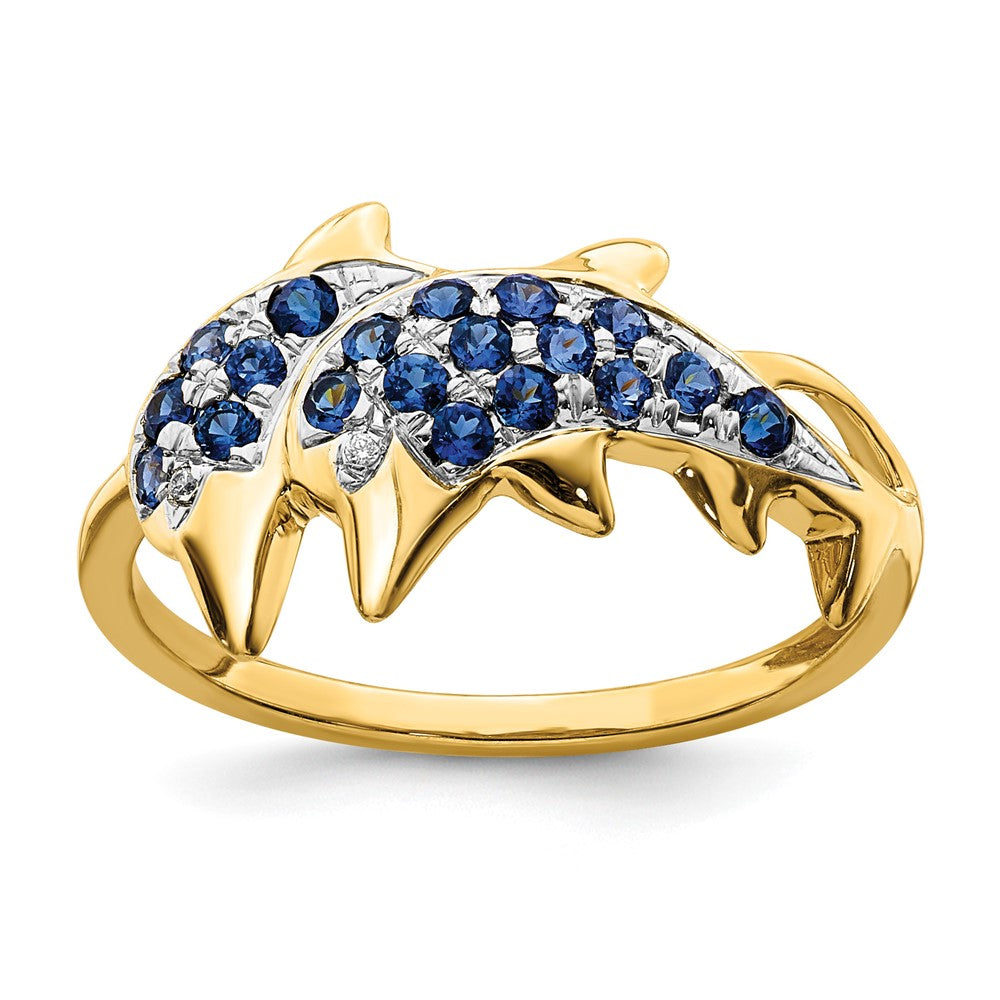 14k with White Rhodium Blue Sapphire and Diamond Dolphins Ring, 0.584 ct, Size 7