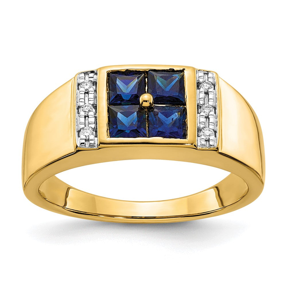 IB Goodman 14k 3.8mm Square Lab-Created Sapphire Cluster and 1/20 carat Diamond Mens Ring, 1.648 ct, Size 10