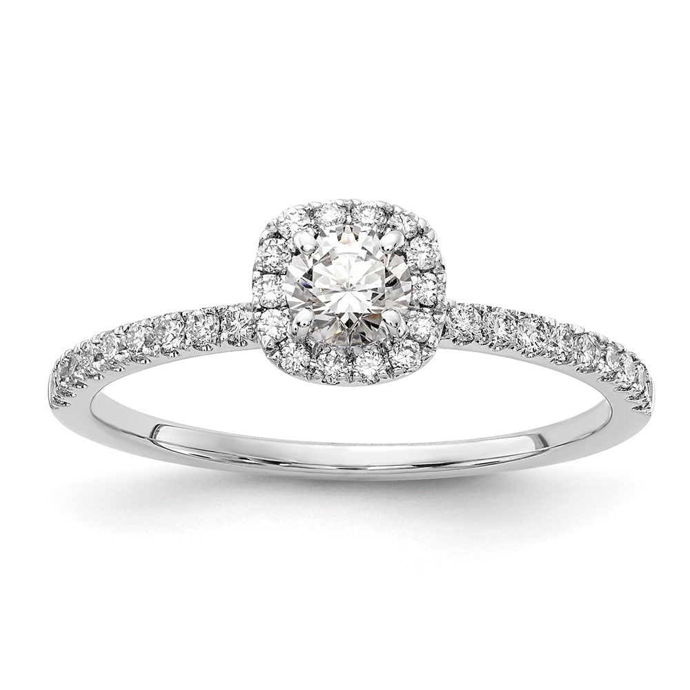 14kw Lab Grown Diamond VS+ F+ 1/4 ctw Round ctr w/ Cush Halo Engage, 0.49 ct, Size 7