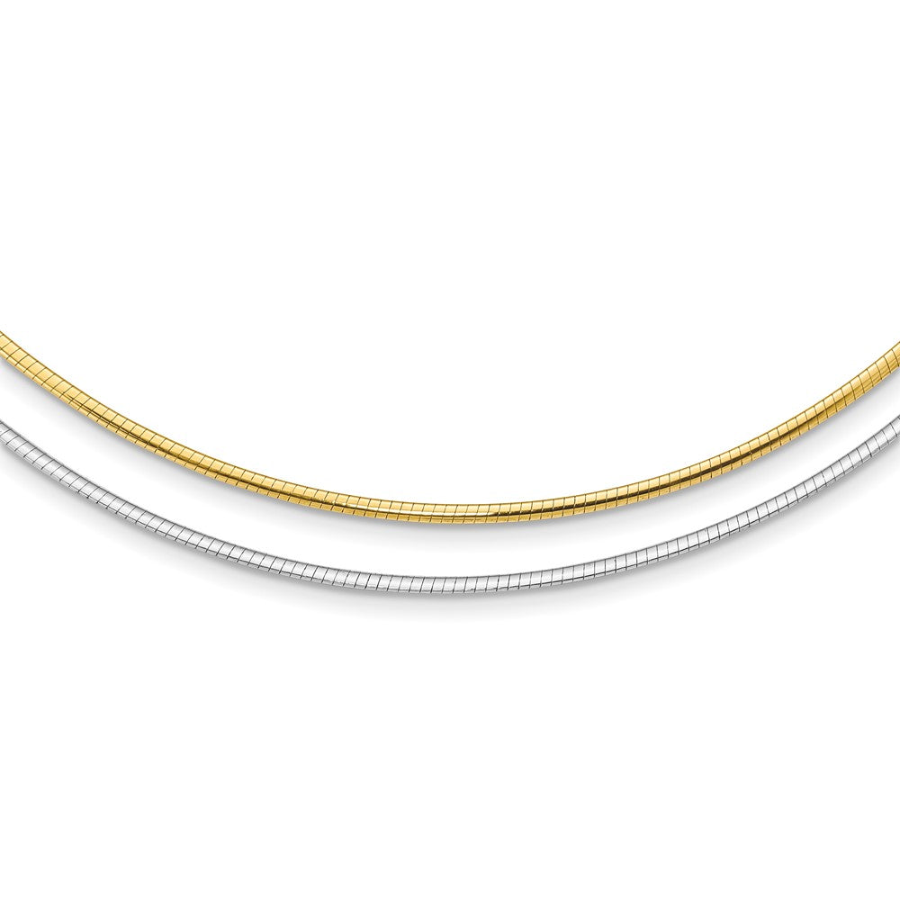 14k Two-tone 2mm Reversible White and Yellow 18 inch Omega Necklace Plus 2 inch Heart Chain Extender, 18 x 2 mm