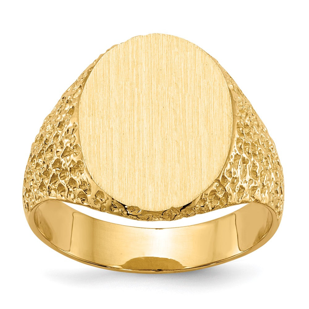 14k 13.0x17.0mm Oval Closed Back Mens Nugget Signet Ring, Size 10