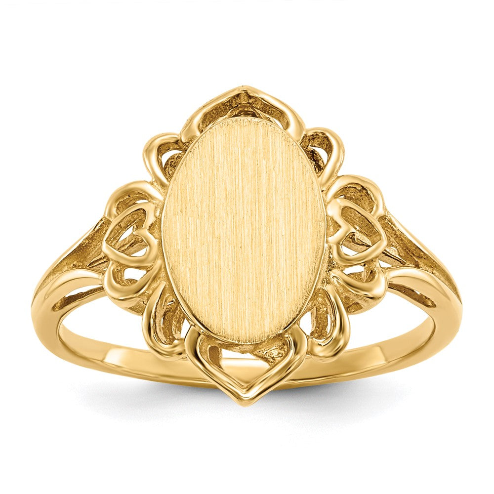 14k 7.5x10.5mm Oval Open Back Filigree Heart Edge Signet Ring, Size 6, 25 mm