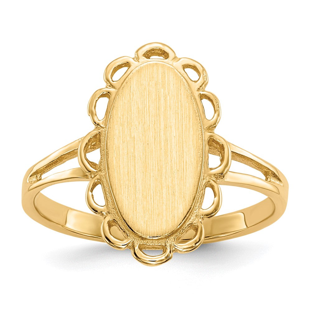 14k 7.0x13.0mm Oval Open Back Scalloped Edge Signet Ring, Size 6, 21.95 mm