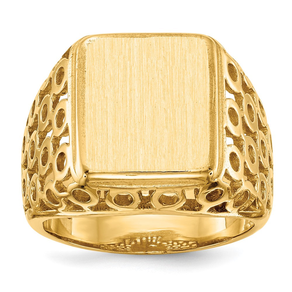 14k 11.5 x 13.5mm Rectangle Open Back Cut-out Circles Mens Signet Ring, Size 10
