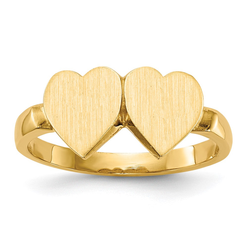 14k 7.5x7.5mm Open Back Double Heart Signet Ring, Size 6
