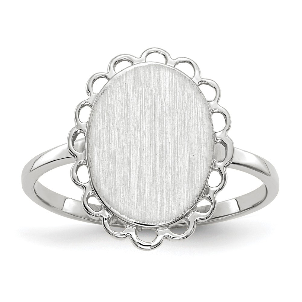 14k White Gold 9.0x11.5mm Oval Open Back Scalloped Edge Signet Ring, Size 6