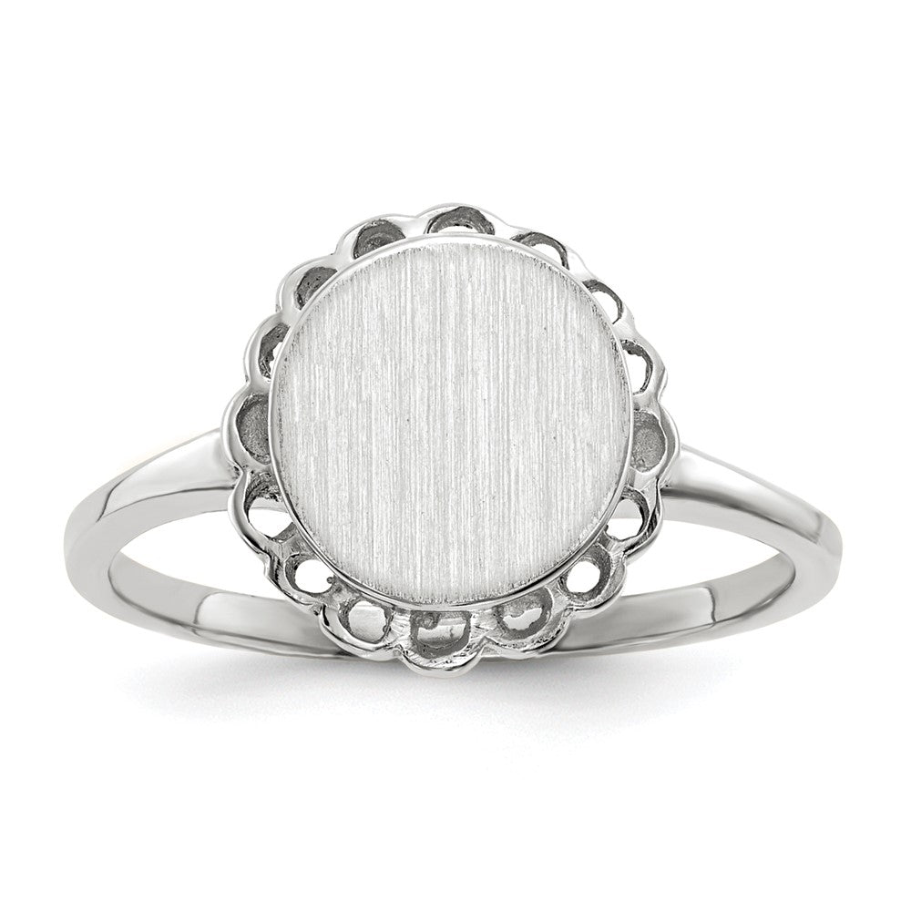 14k White Gold 8.5x9.0mm Oval Open Back Scalloped Edge Signet Ring, Size 6