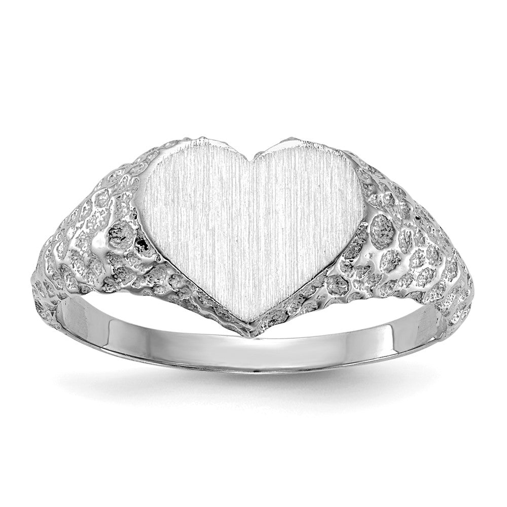 14k White Gold 8.0x9.0mm Heart Open Back Nugget Signet Ring, Size 5