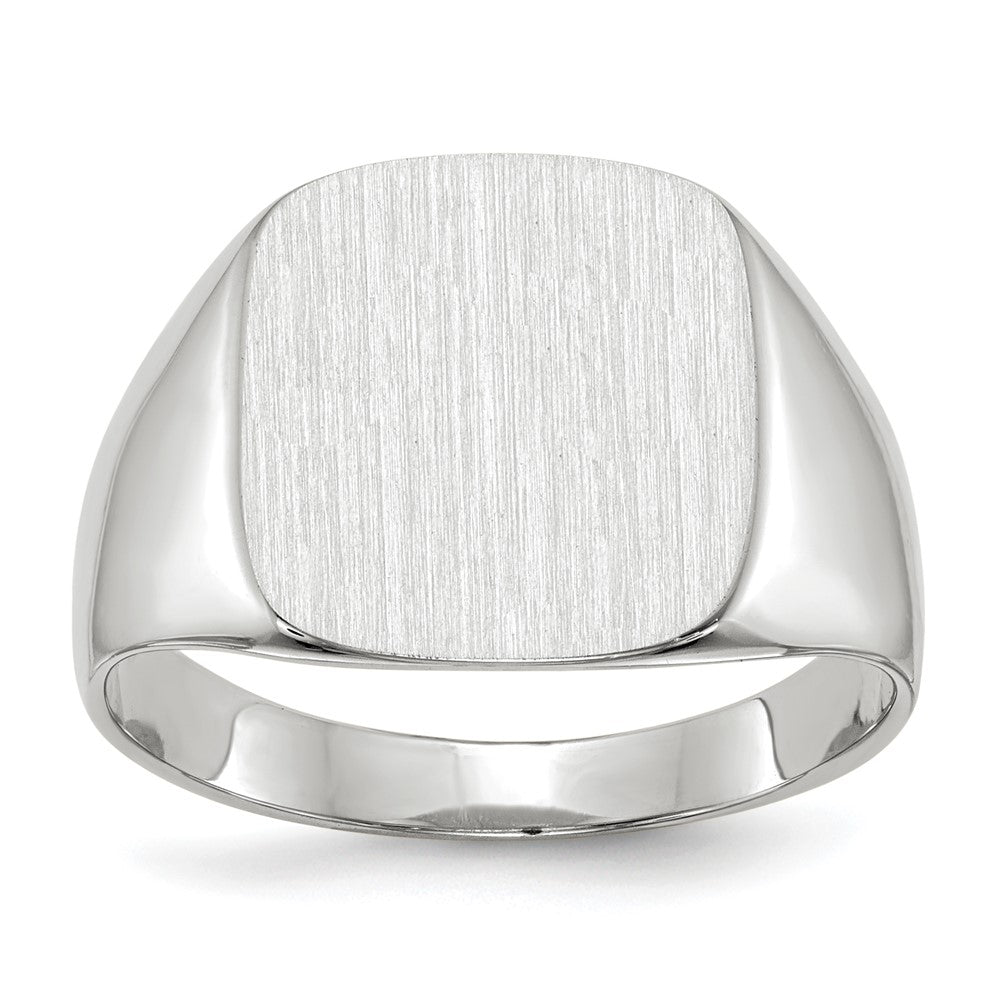 14k White Gold 13.5x14.5mm Cushion Closed Back Mens Signet Ring, Size 10