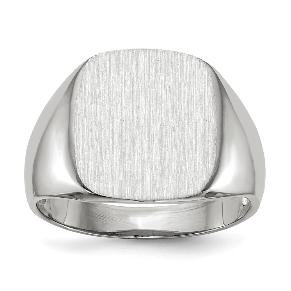 14k White Gold 13.5x14.5mm Cushion Open Back Mens Signet Ring, Size 10
