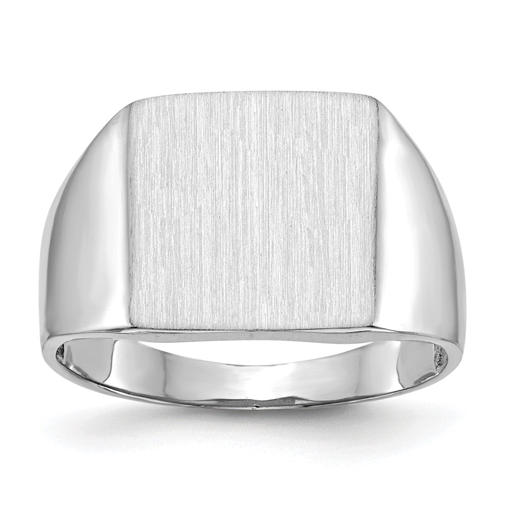 14k White Gold 13.0x13.5mm Square Open Back Satin Mens Signet Ring, Size 10