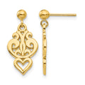 14k Polished Filigree Fancy Heart Dangle Post Earrings, 20 x 9 mm