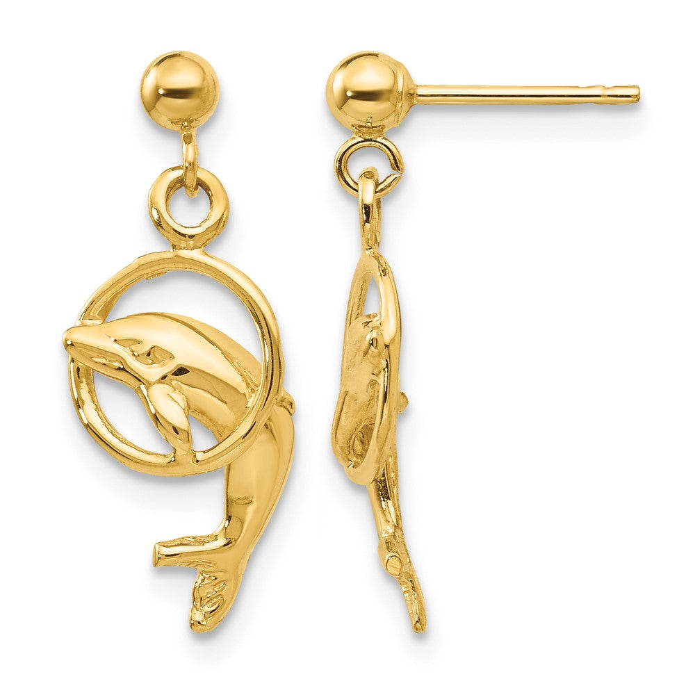 14k Polished Dolphin Jumping Through Hoop Dangle Post Earrings, 22 x 9 mm