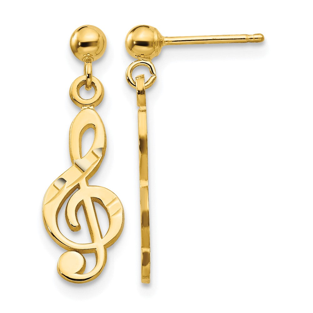 14k Polished Diamond-cut Treble Clef Dangle Post Earrings, 22 x 6 mm