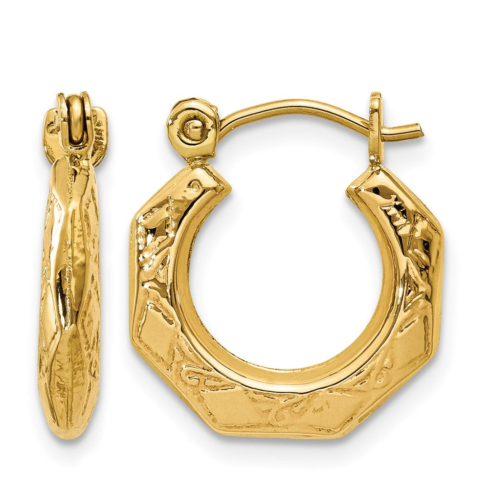 14k Polished Patterned Hollow Hoop Earrings, 13.75 x 3 mm