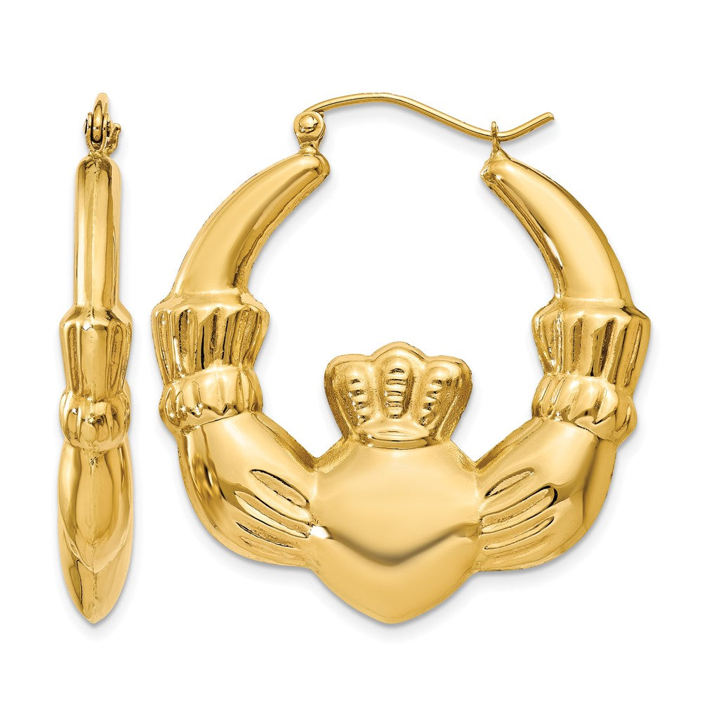 14k Polished Claddagh Hoop Earrings, 35.75 x 5.25 mm